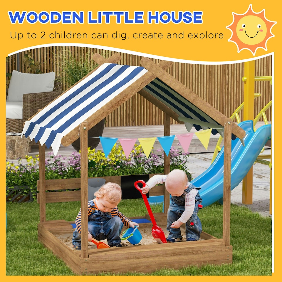 image 1 of Outsunny Sand Pit with Canopy, Blackboard, Toys, Sink, Seats, Flags for Kids