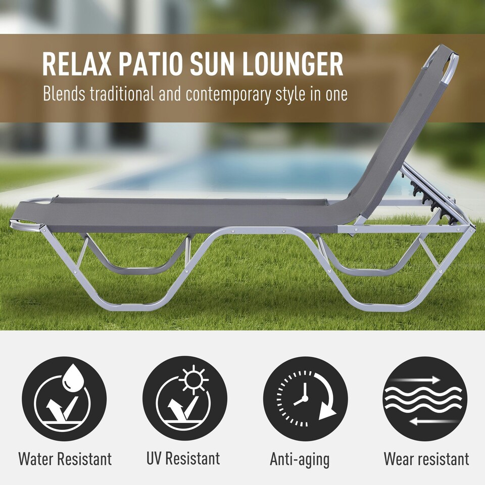 image 1 of Outsunny Sun Lounger Relaxer Recliner with 5-Position Adjustable Backrest Silver