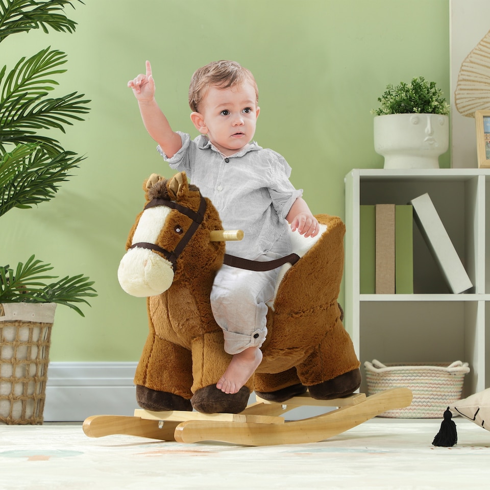 image 1 of AIYAPLAY Kids Rocking Horse, Plush Ride on Horse, with Sound, Wood Base, Seat Safety Belt, for Ages 18-36 Months, Brown