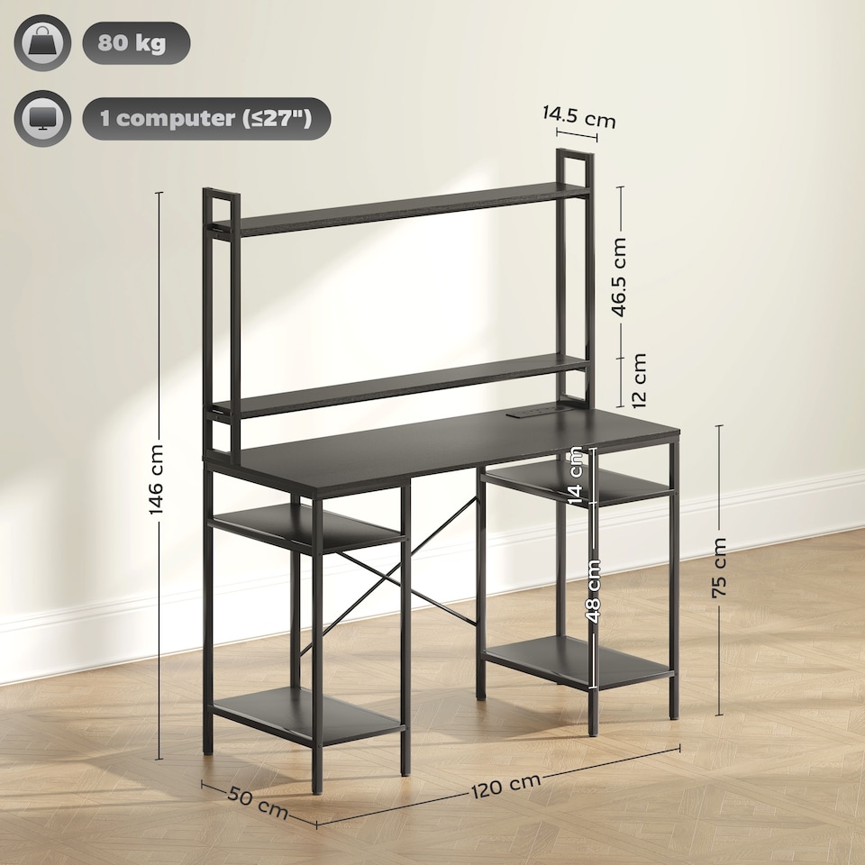 image 1 of HOMCOM Computer Desk with Power Outlets and LED Lights, Home Office Desk with Monitor Stand, 2 CPU Stands and Storage Shelves, Study Table Gaming Desk with Hutch, Black | Black