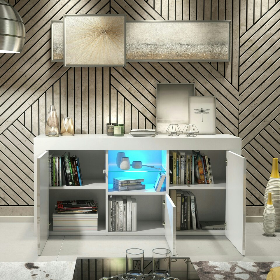 image 1 of White TV Unit 145cm Gloss Doors Free LED Modern Media Cabinet White
