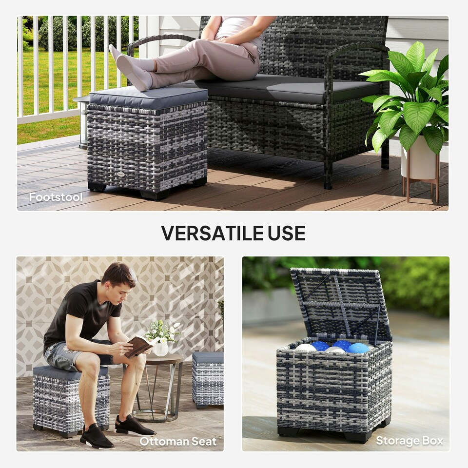 image 1 of Outsunny Set of 2 Rattan Footstool, Storage Ottoman w/ Cushions, Beige | Grey | One size | 1