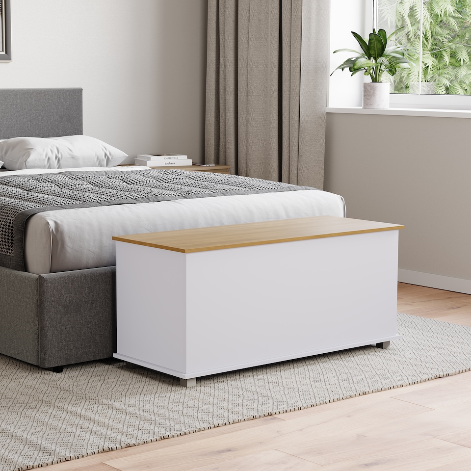 image 1 of Vida Designs Arlington Storage Ottoman Bedroom Hallway Chest Bench, White & Oak | White | White