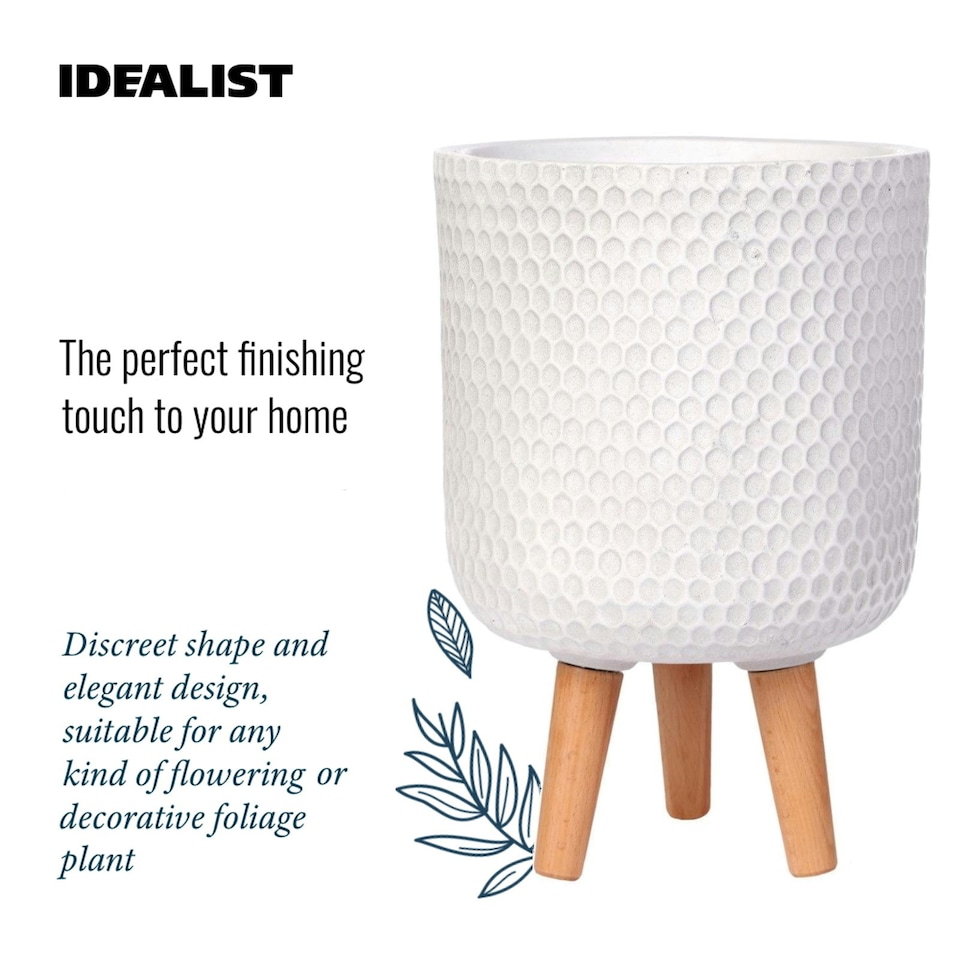 image 1 of Honeycomb Style White Cylinder Planter on Legs, Round Pot Plant Stand Indoor D31 H47 cm, 19.8 ltrs Cap.