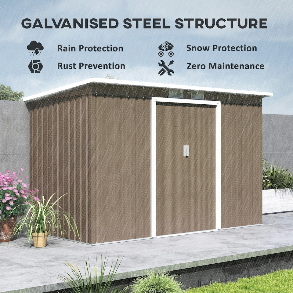 image 1 of Outsunny 9 x 4FT Metal Garden Storage Shed w/ 2 Door, Light Grey Wood Grain Grey