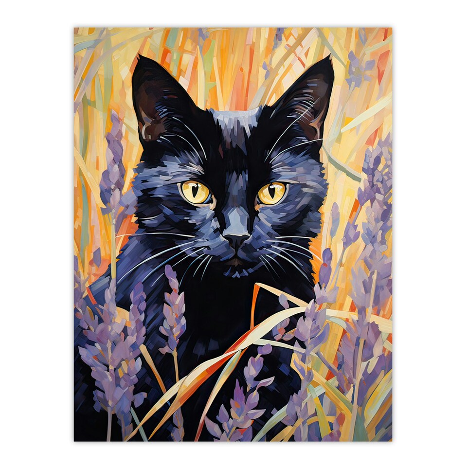 image 1 of Cat Lavender Meadow Floral Animal Portrait Black Framed Wall Art Print A4