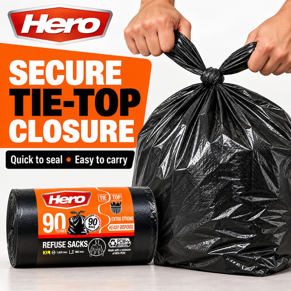 image 1 of Hero Extra Strong Black Bin Bags 90 Litre Pack of 90 Heavy Duty Refuse Sacks with Tie Top Handles  Brand