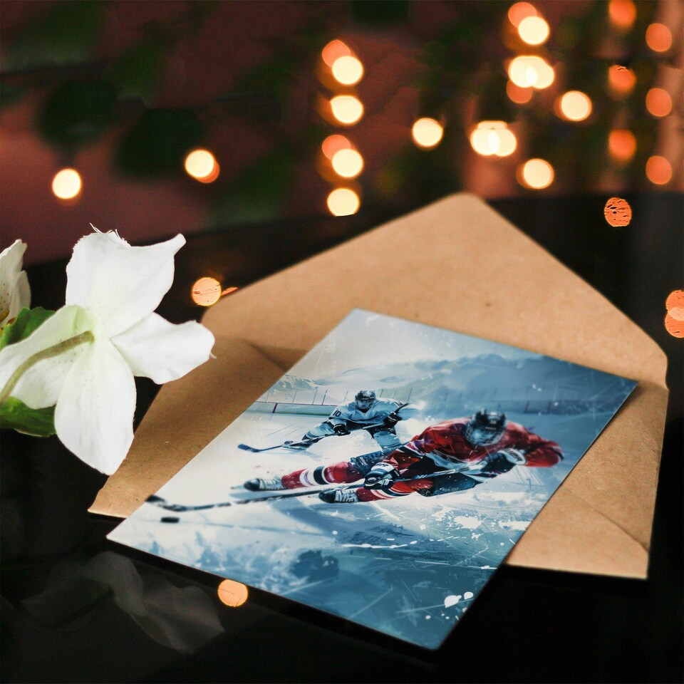image 1 of Ice Hockey Players Game Oil Painting Winter Birthday Card