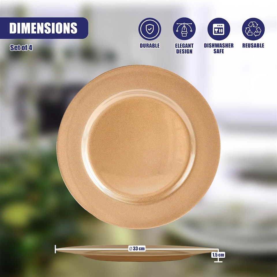 image 1 of GEEZY Set of 4 Gold Charger Plates 33cm, Festive Metallic Under Plates