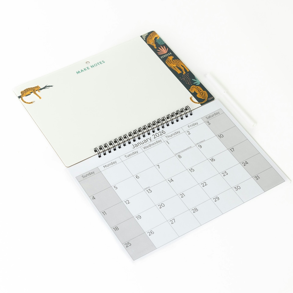 image 1 of 2026 Monthly Memo Board Calendar & Pen Leopard Design