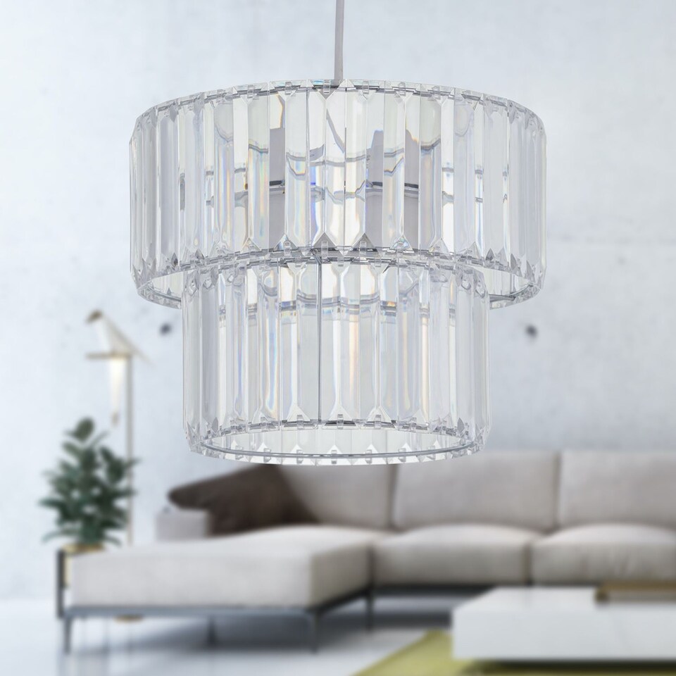 image 1 of Set of 2 Clint - Clear Acrylic Crystal Two Tier Easy Fit Pendant Shades | Clear | Chrome | Medium | 2