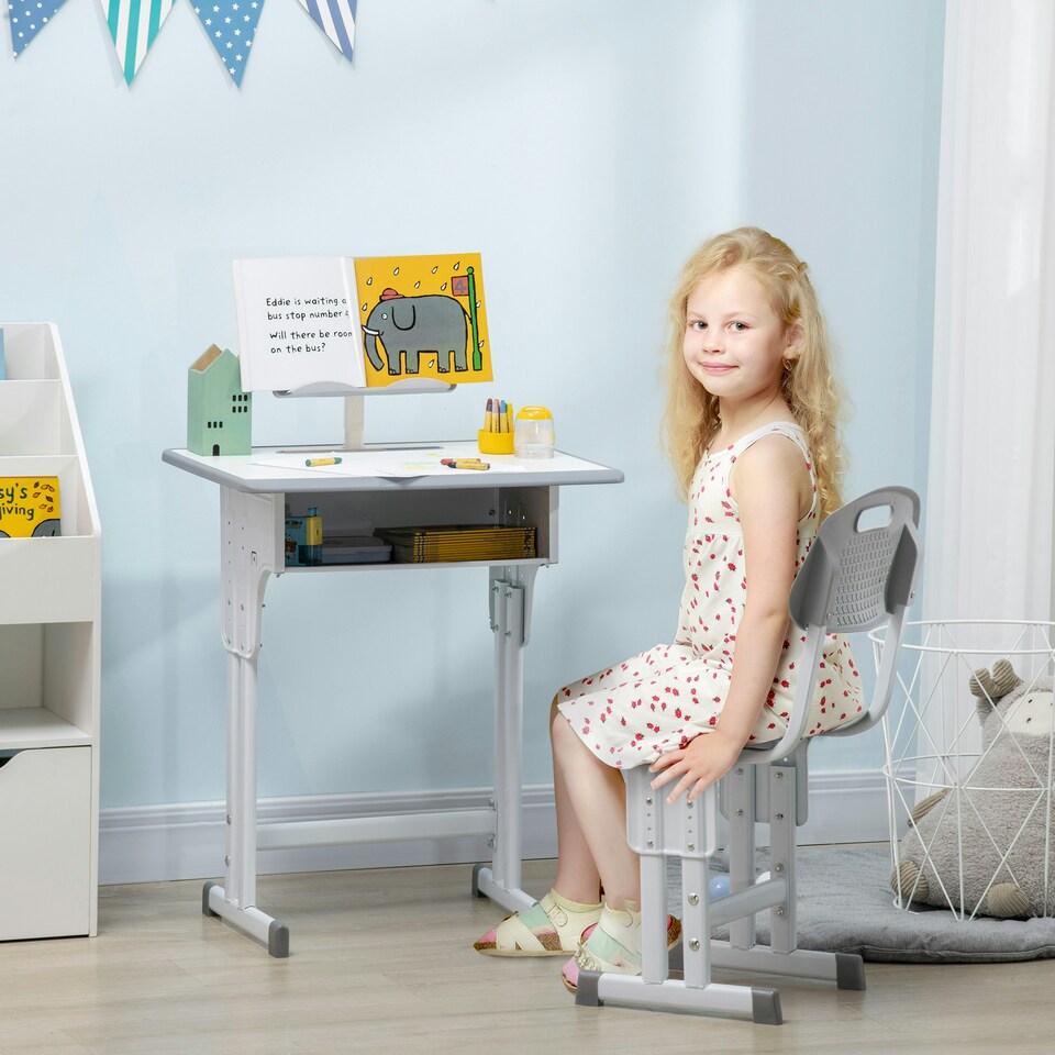 image 1 of HOMCOM Kids Desk and Chair Set Adjustable Height Study Table Set w/ Drawer