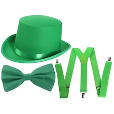 Pack Of 4 Irish Top Hat, Satin Bow Tie & Braces Green | One Size