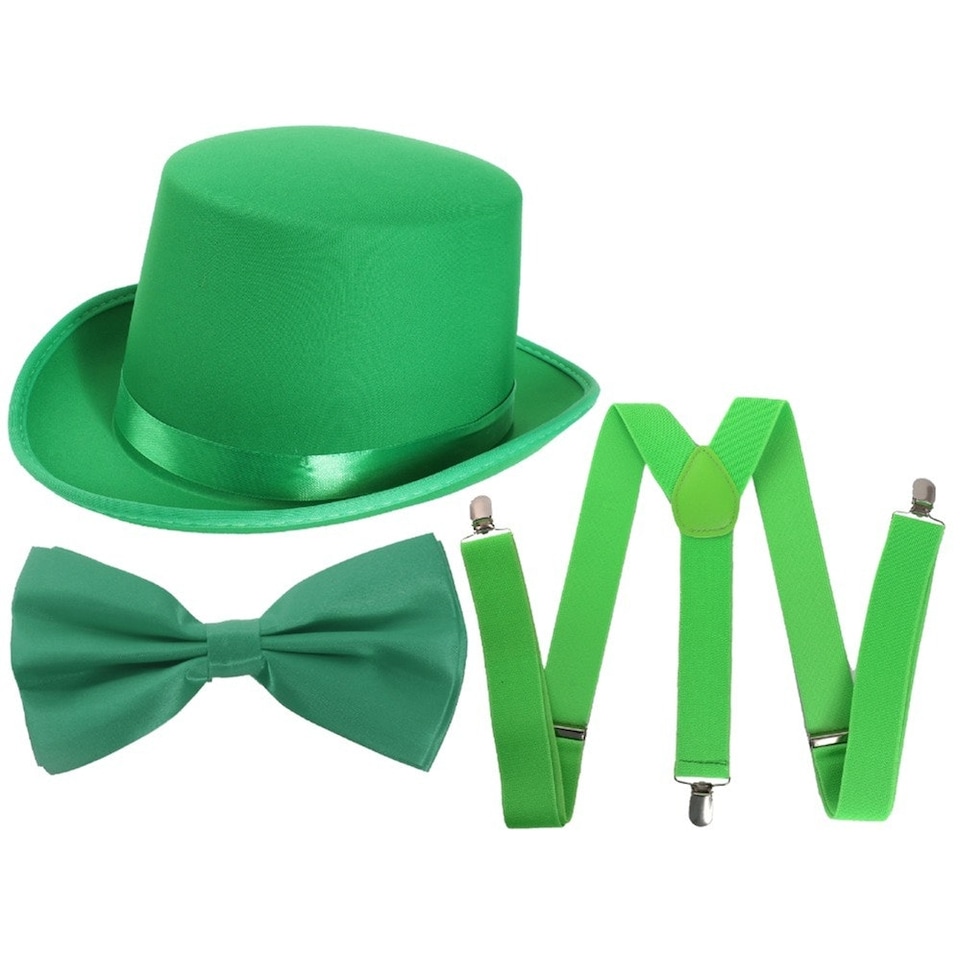 image 1 of Pack Of 4 Irish Top Hat, Satin Bow Tie & Braces Green | One Size
