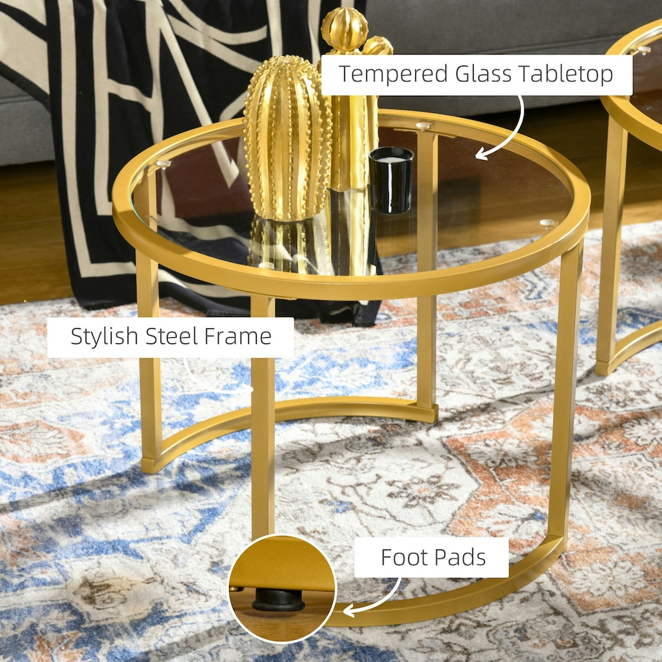 image 1 of HOMCOM Modern Coffee Table Set of 2, Nesting Tables with Glass Top, Gold | Multi