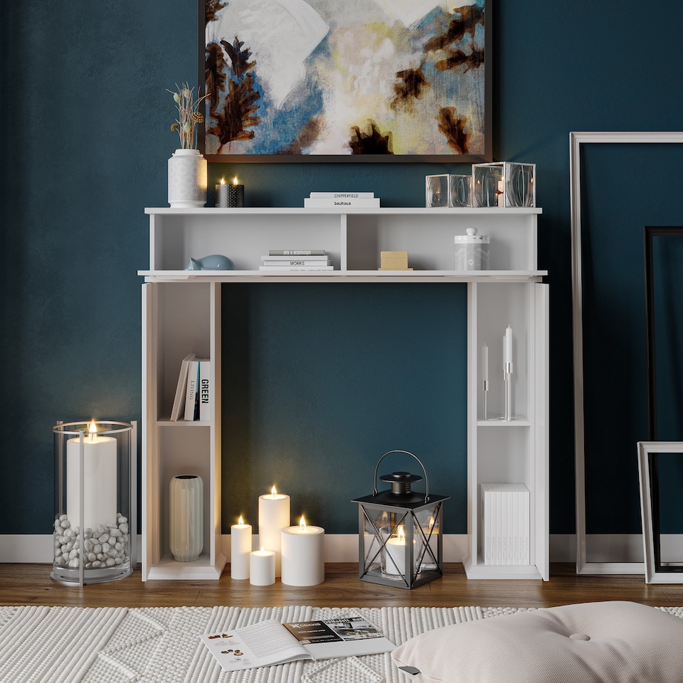 image 1 of Fireplace Storage Cabinet 3-Door Mantelpiece Shelf with 6 Compartments | White | 25 x 117 x 19 | 1