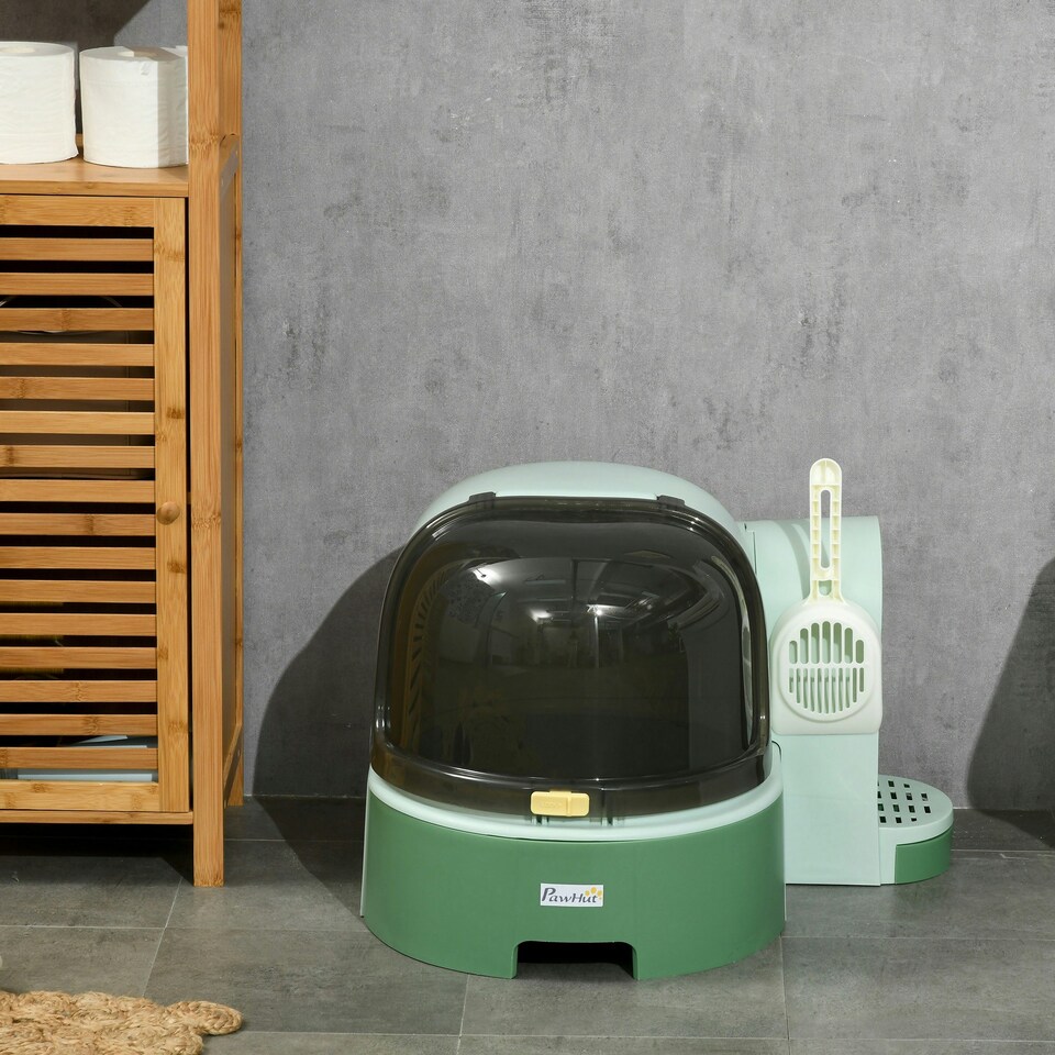 image 1 of PawHut 2 In 1 Cat Litter Tray w/ Drawer Pans, Scoop, Openable Cover - Green