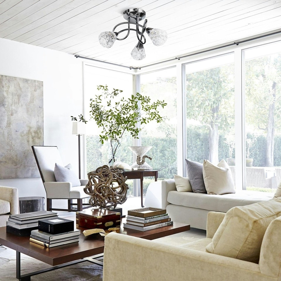 image 1 of Set of 2 Oto - Chrome with Clear Textured Glass 3 Light Flush Ceiling Lights Chrome