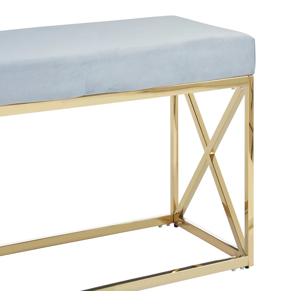 image 1 of Luxe Powder Blue Velvet And Gold Bench, Stylish Garden Bench For Outdoor, Accent Dining Bench For Diningroom Blue