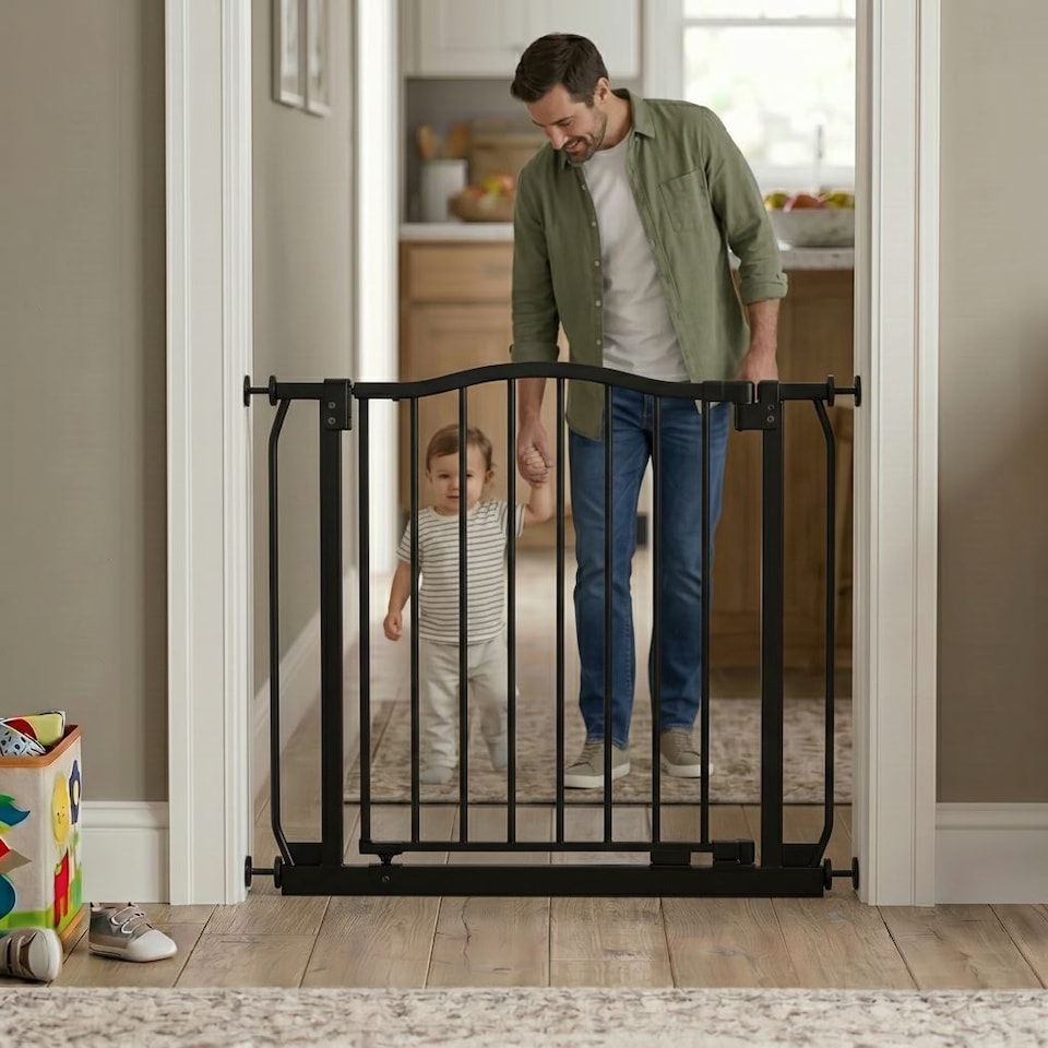image 1 of Safetots Curved Top Safety Gate, 271cm - 280cm, Matt Black, Pressure Fit Stair Gate, Baby Gate for Doors Hallways and Spaces, Safety Barrier, Easy Installation