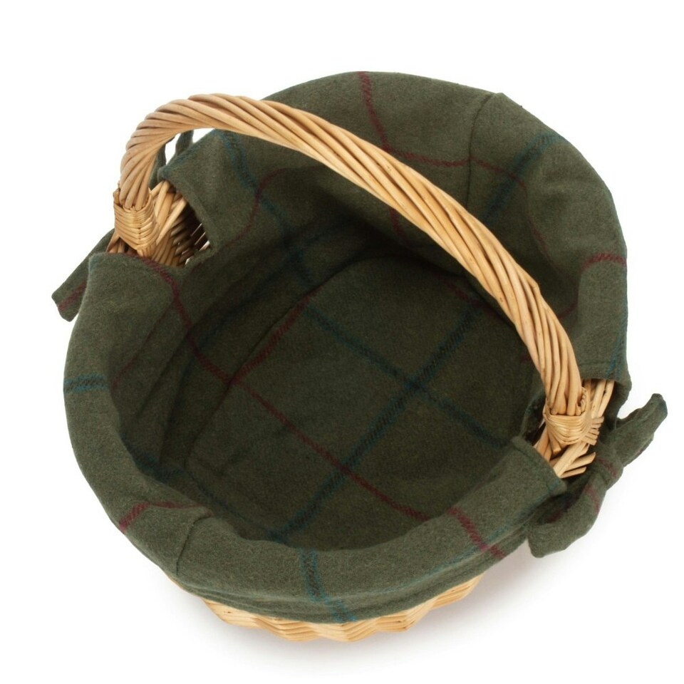 image 1 of Cotton Lined Full Buff Willow Child’s Shopping Basket Green | Green Tartan | One Size
