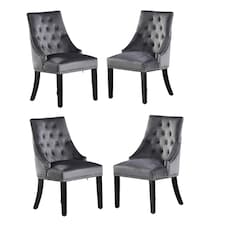 Set of 4 Dark Grey Windsor  Velvet Dining Chair Ergonomic Scoop Knockerback & Button Tufted Wood Legs | Grey | Dark Grey