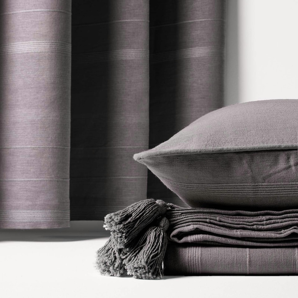 image 1 of Homescapes Cotton Rajput Ribbed Charcoal Grey Curtain Pair - 54 x 54" Drop Grey