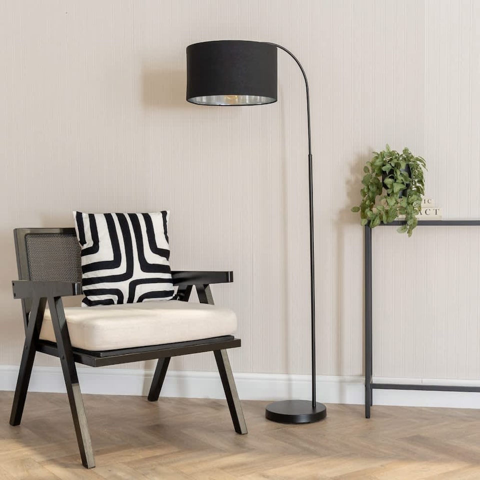 image 1 of ValueLights Curva Black Arched Floor Lamp Black Velvet Chrome Shade | Black