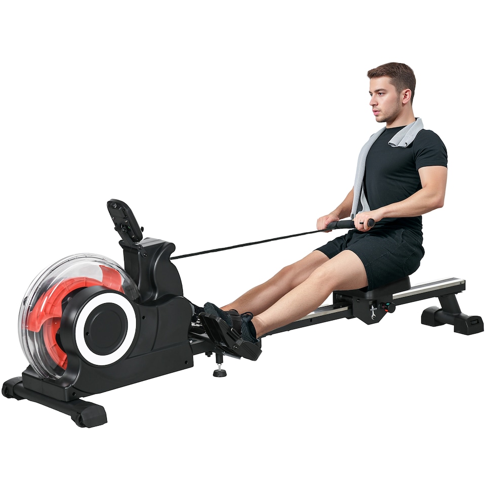 image 1 of SPORTNOW Foldable Water Rowing Machine with Wheels and LCD Monitor, Black
