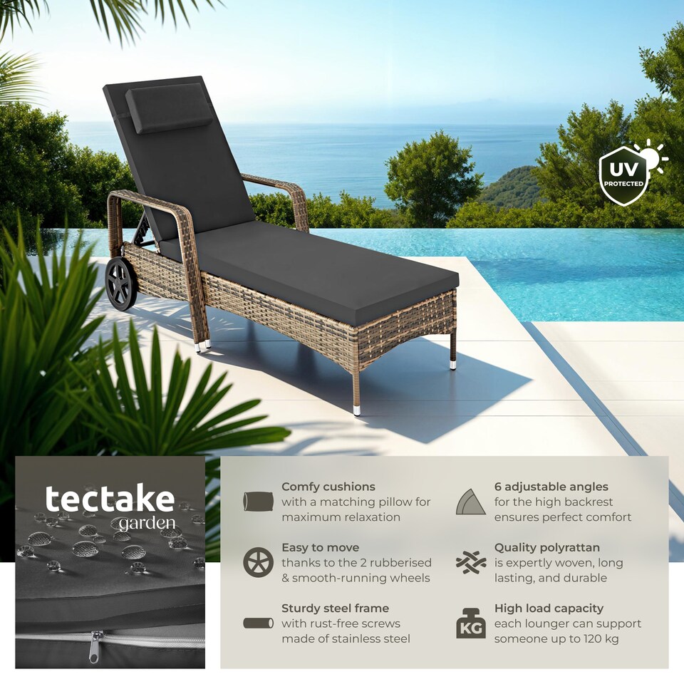 image 1 of Sun Lounger - 6-position backrest, weather and UV-resistant, soft pillow, two wheels | Cream | nature/dark grey | 1