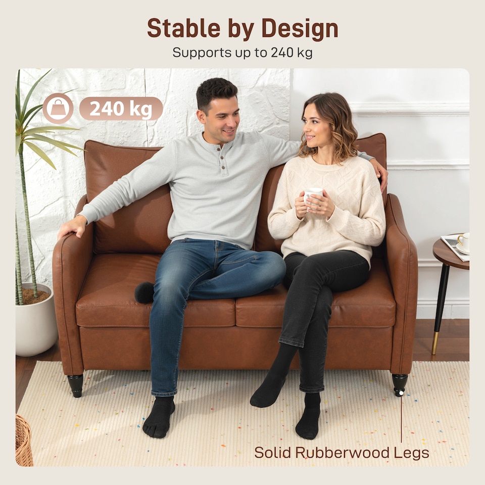 image 1 of HOMCOM Two-Seater Sofa, Modern Small Sofa with Solid Wood Legs, Brown | Brown
