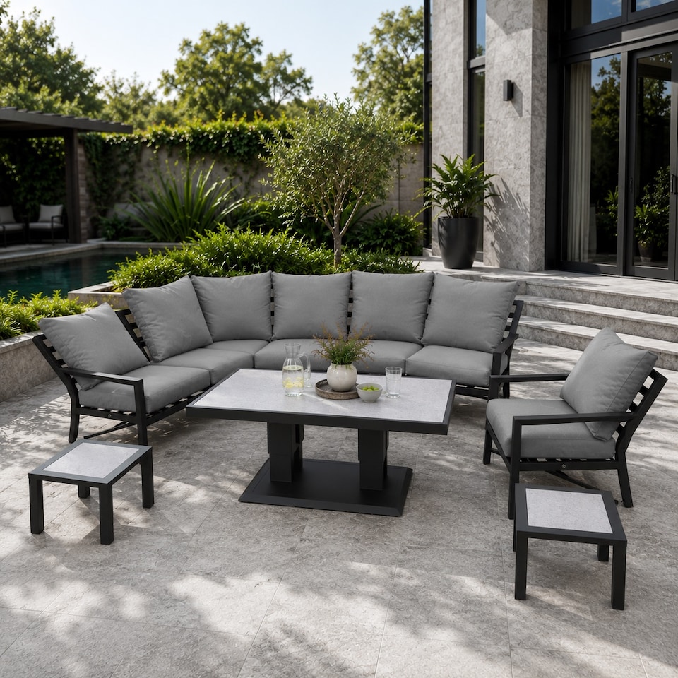 image 1 of Monte Carlo 7 Seater Aluminium Reclining Corner Garden Sofa Set with Gas Lift Table, Armchair & Grey Cushions