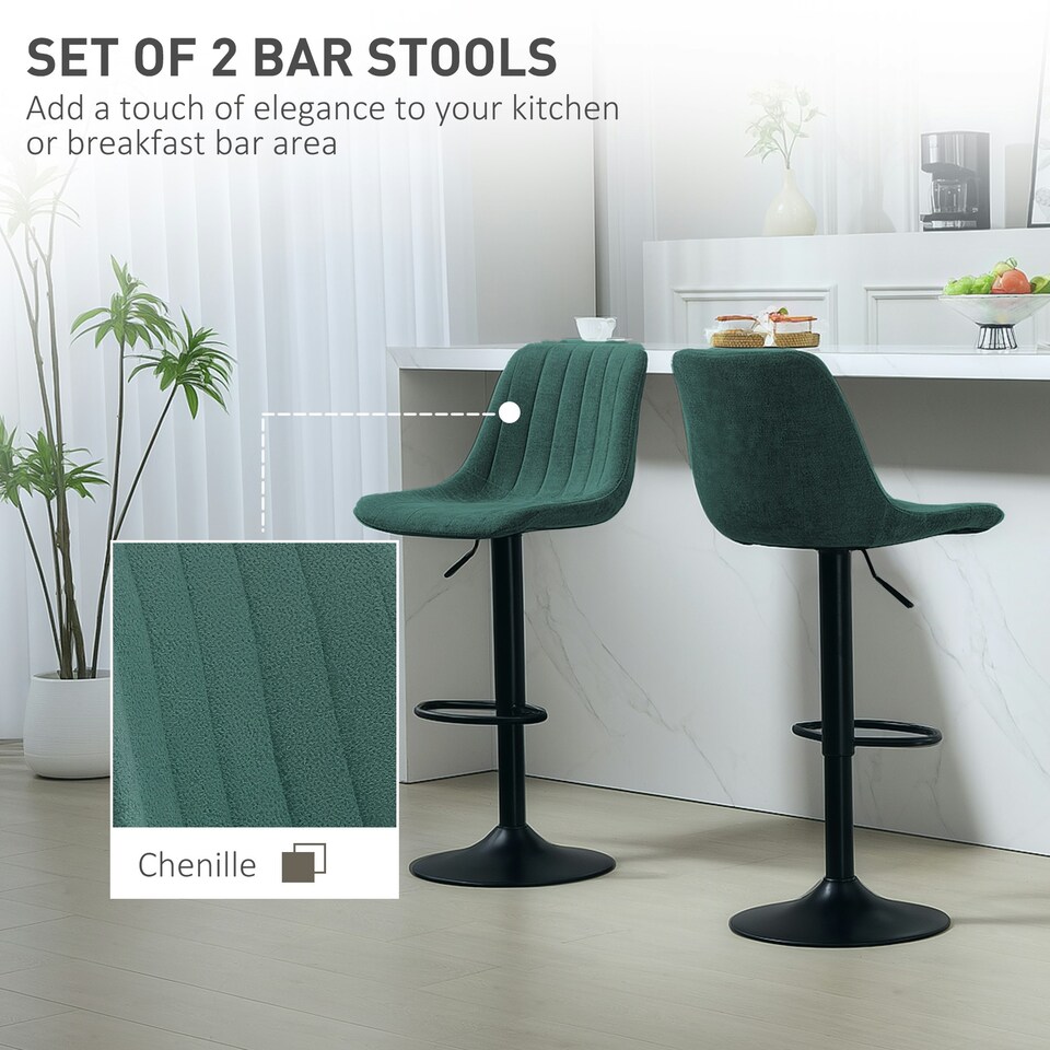 image 1 of HOMCOM Bar Stools Set of 2 Adjustable Swivel Bar Chairs with Backrest Green