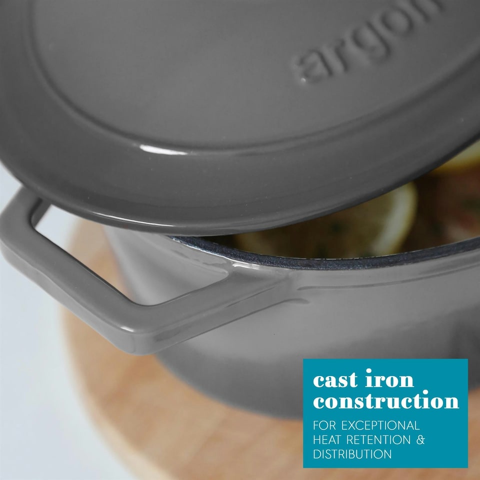 image 1 of Argon Tableware 4.68L Oval Cast Iron Casserole Dish with Self-Basting Lid - 4.95QT Dutch Oven Roasting Dish Pot | Grey | Slate Grey | 1