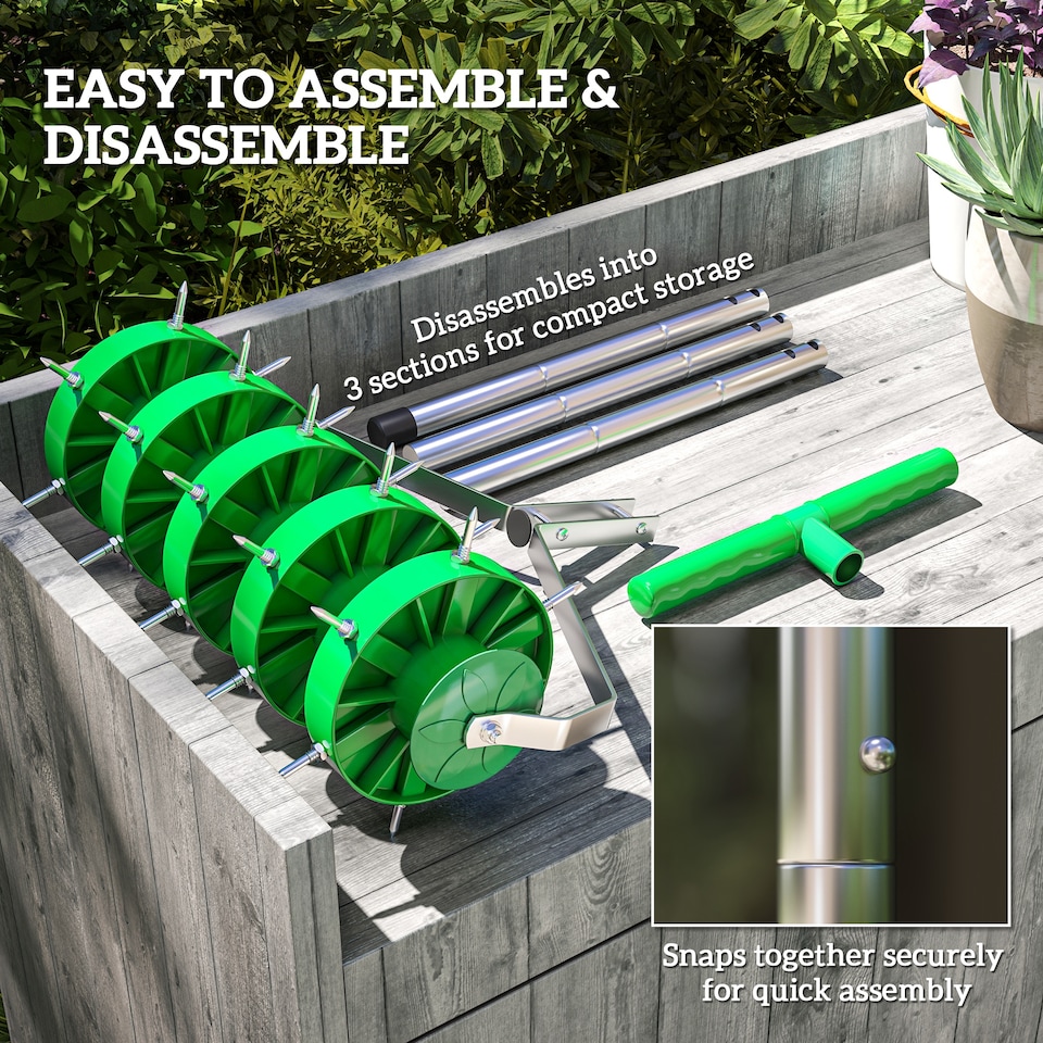 image 1 of Outsunny Grass Spike Roller, Soil Aerator w/ 3 Piece Handle and T-bar Grip | Green