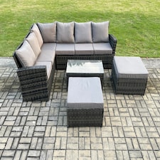 Fimous 8 Seater High Back Outdoor Garden Furniture Set Rattan Corner Sofa Set With Rectangular Coffee Table 2 Big Footstool Dark Grey Mixed