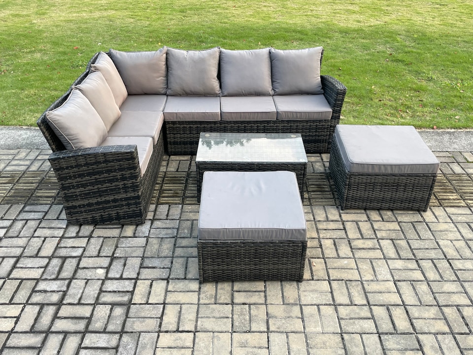 image 1 of Fimous 8 Seater High Back Outdoor Garden Furniture Set Rattan Corner Sofa Set With Rectangular Coffee Table 2 Big Footstool Dark Grey Mixed