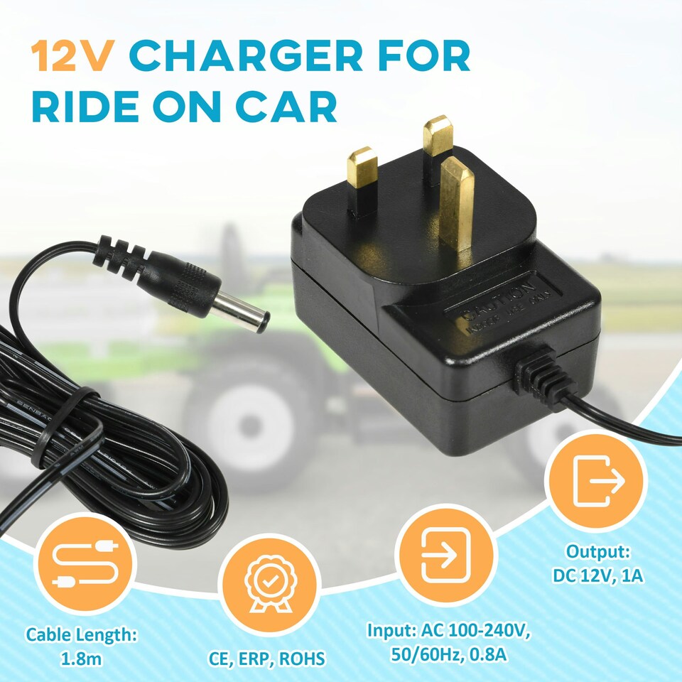 image 1 of AIYAPLAY 12V Charger for Ride on Car, 12 Volt 1A Battery Charger