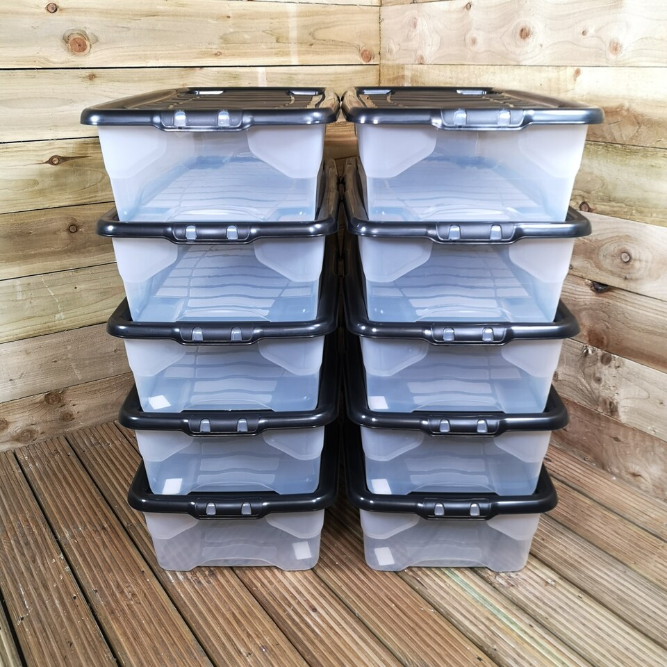 image 1 of 10 x 42L Clear Under Bed Storage Box with Black Lid, Stackable and Nestable Design Storage Solution | White | White
