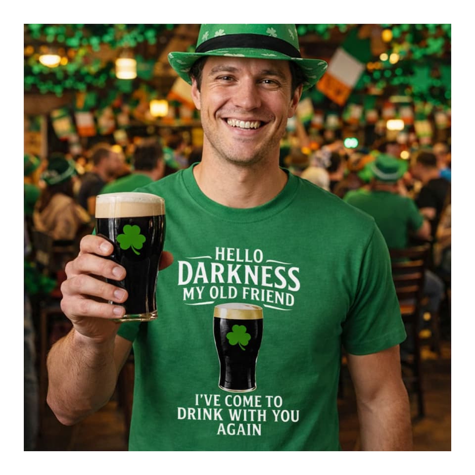 image 1 of St Patricks Green Tshirt with Hello Darkness in Beige & Irish Trilby | Green | 2XL