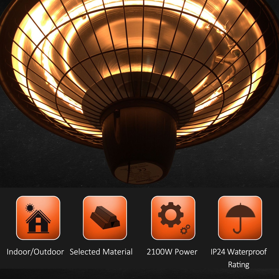 image 1 of Outsunny 2100W Outdoor Ceiling Mounted Halogen Electric Heater Hanging Patio Garden Warmer Light - Black