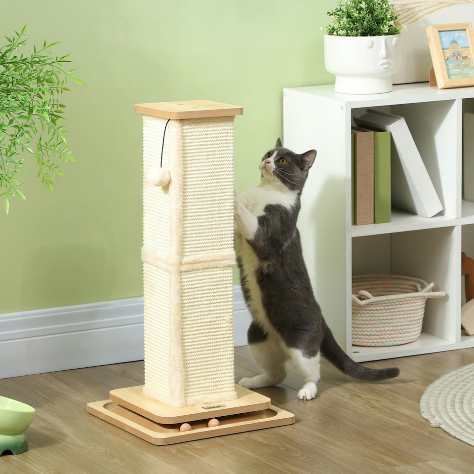 image 1 of PawHut 3-in-1 Cat Scratcher Post with Sisal Track Ball Toy, 67cm, Light Oak