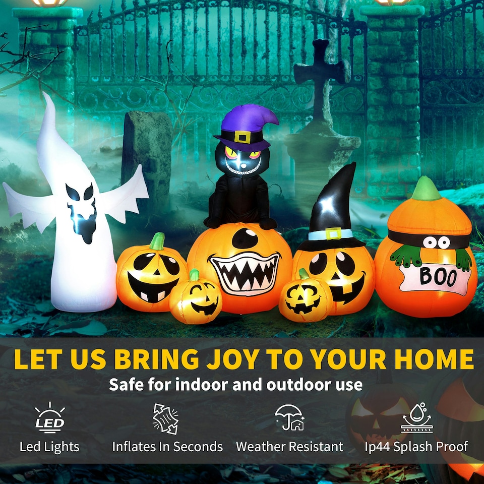 image 1 of Outsunny 8 FT Blow Up Halloween Inflatables Pumpkin Ghost and Cat Combo