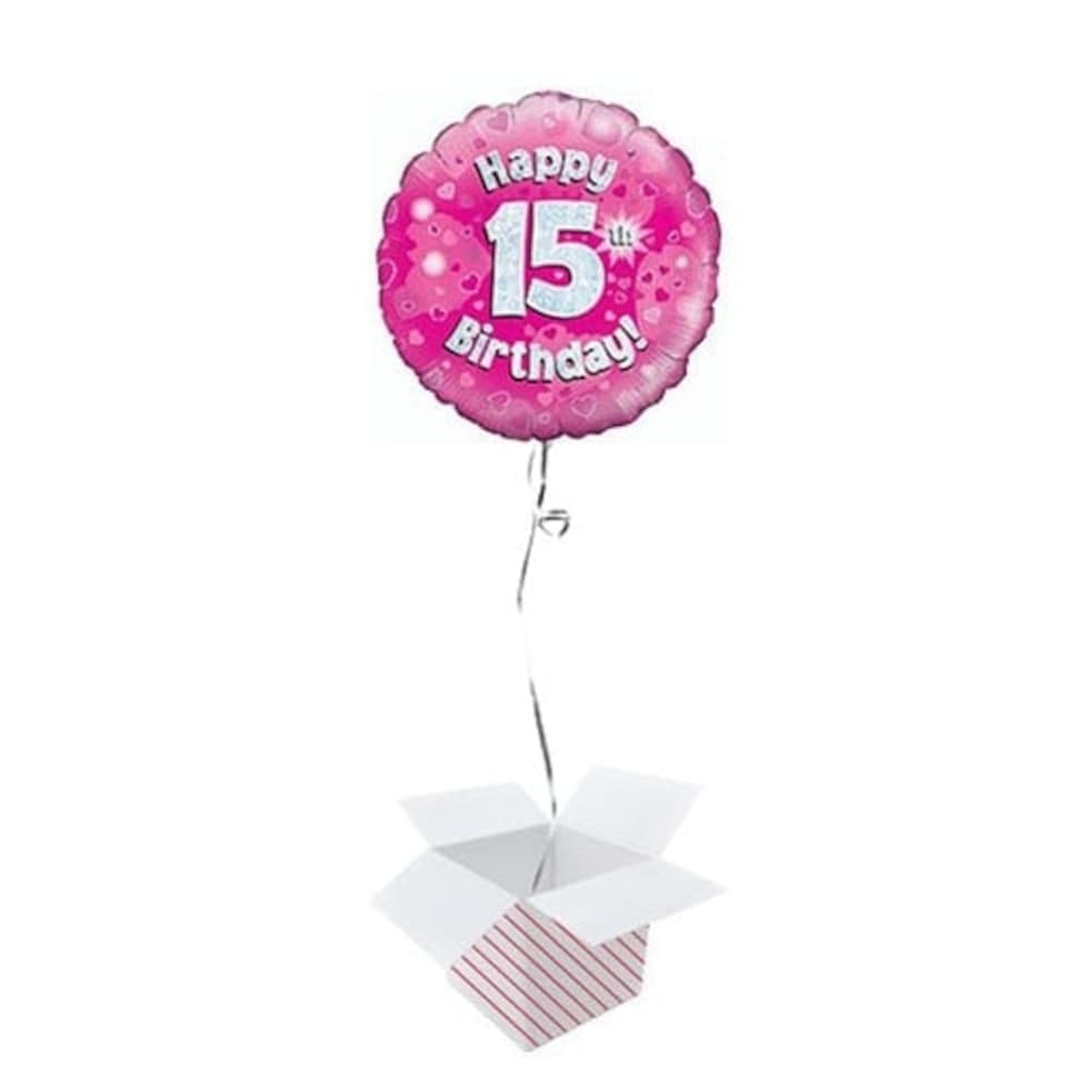 Pink Happy 15th Birthday Holographic Round Foil Helium Balloon - Inflated Balloon in a Box