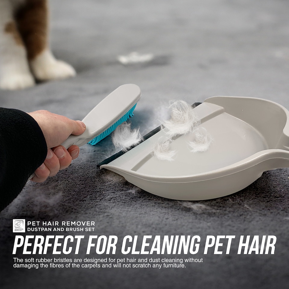 image 1 of Pet Hair Remover Dustpan and Brush Set with Soft Rubber Bristles and Wide Dustpan