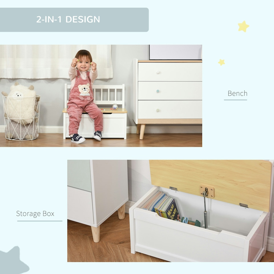 image 1 of HOMCOM 2 In 1 Wooden Toy Box, Seat Bench Storage Chest w/ Pneumatic Rod 