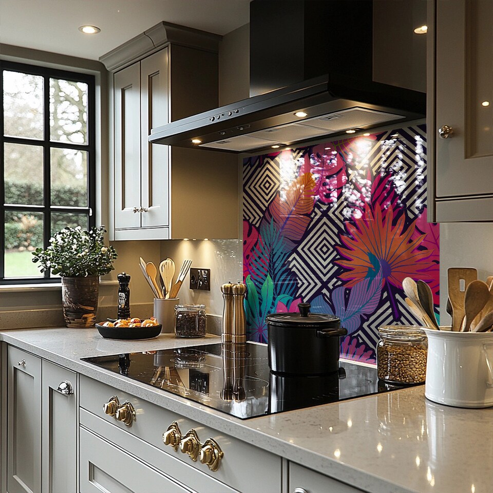 image 1 of Tropical Geometric Splash Back | White