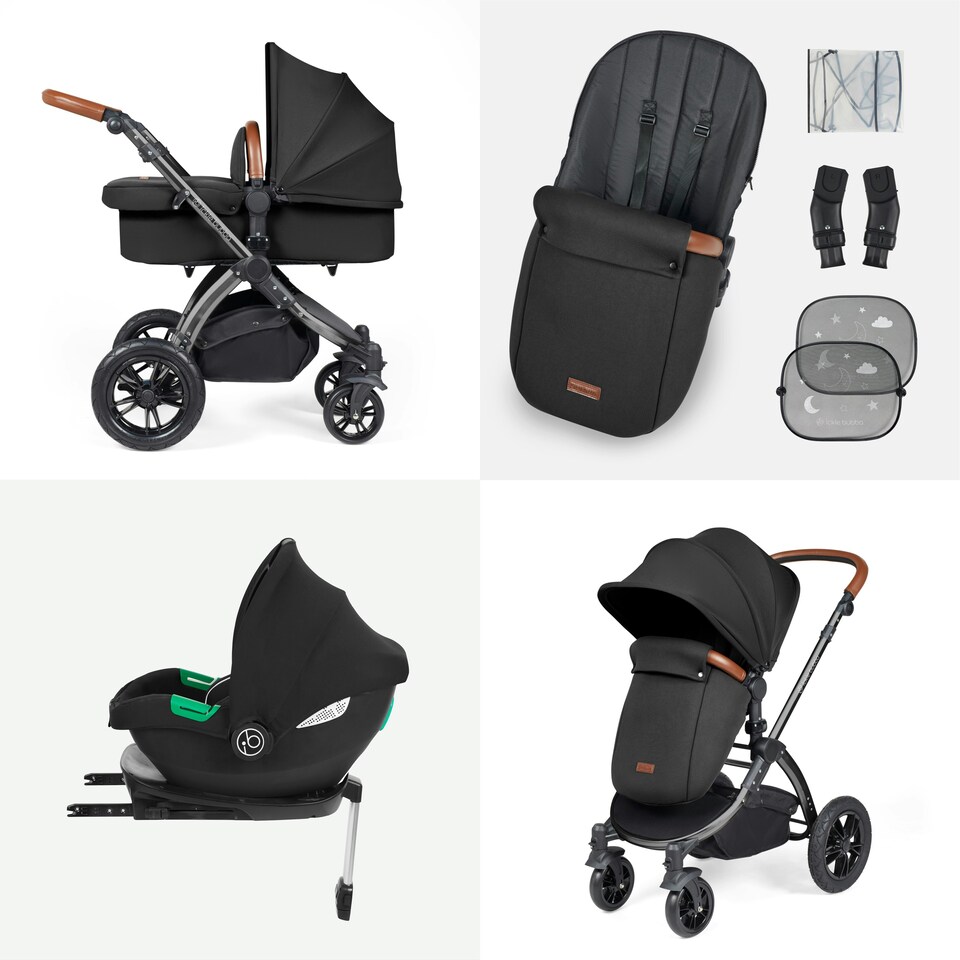 image 1 of Stomp Luxe 12pc Travel System with Cirrus i-Size Car Seat & ISOFIX Base, Carrycot, Reversible Seat, Rain Cover & More (Black/Midnight/Tan)