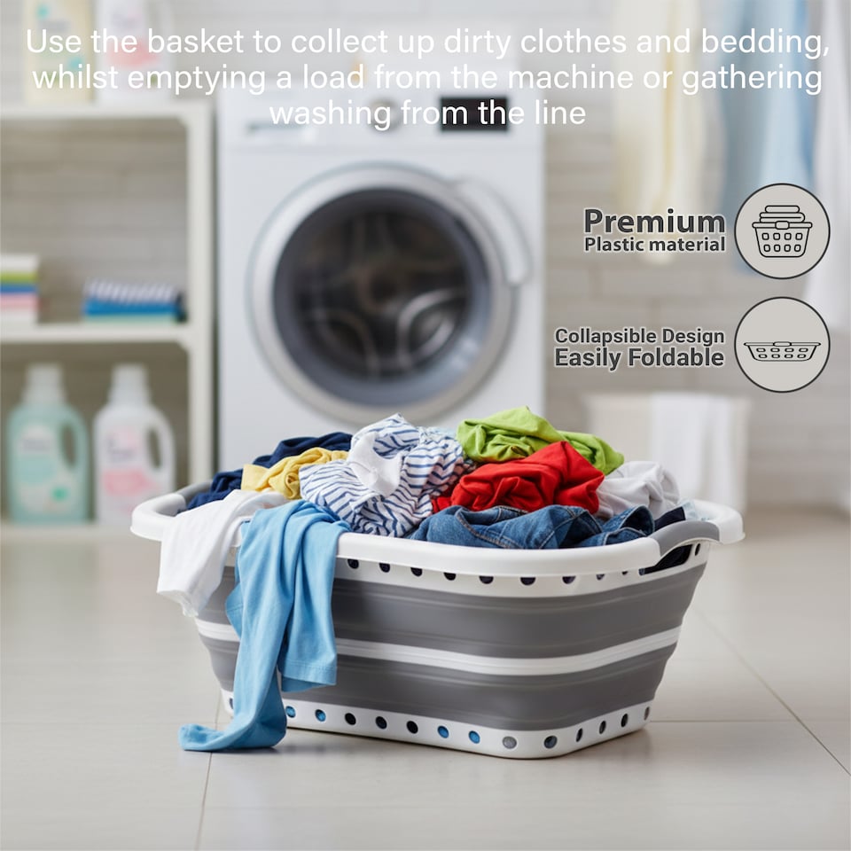 image 1 of Foldable Collapsible Laundry Basket 37L Capacity, Non-Slip Handles, Curved Shape