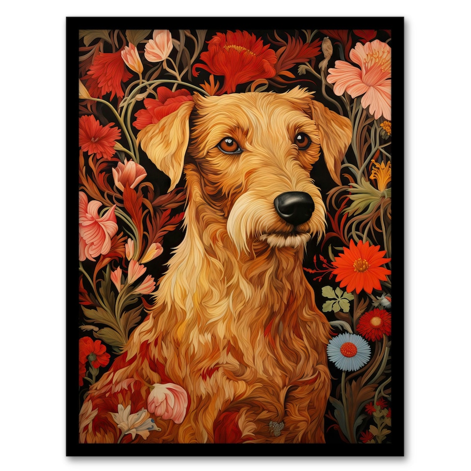 image 1 of Bright Bold Flowers Golden Terrier Dog Black Framed Wall Art Print A4